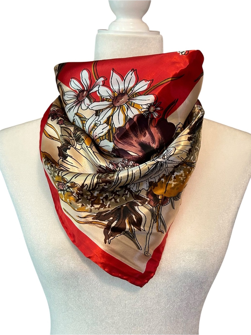 100% Satin Silk Oversized Scarf with Vibrant Red Center Floral Butterfly Print